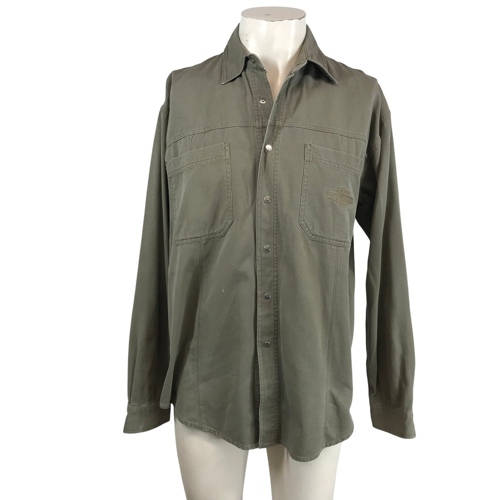 Harley Davidson Mens Olive Green Canvas Long Sleeve Snap Button Work Shirt XL